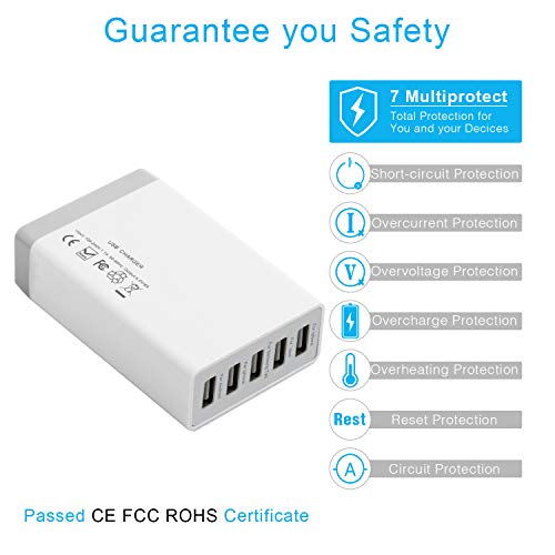 5-Port USB Charging Stations for Multiple Devices, Desktop 40W 8A Multi USB Wall Charger Compatible with Tablet, Phone, Cell Devices Product, Android Phone and All USB Port Devices