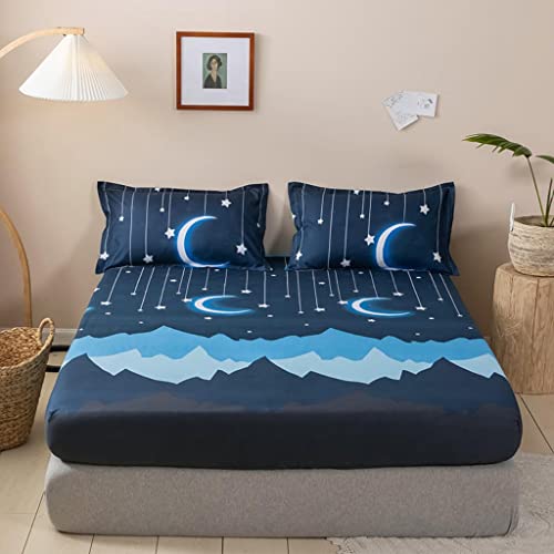 Kids Bedding Set Moon Twinkle Stars Bed Sheet Set for Boys Girls Bedroom Decor King Size Microfiber Soft Mountain Night Fitted Sheet Dark Blue Bed Cover with 2 Pillow Case, Flat Sheet not In