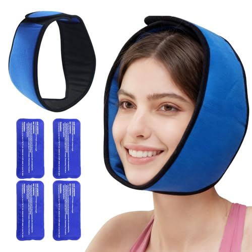 Wisdom Teethm Ice Pack with 4 Reusable Hot Cold Therapy Gel Packs, Face Ice Pack Wrap, Jaw Ice Packs for Head,Chin,Oral,Facial Surgery, Pain Relief for Swelling,Injuries,Dental Implants