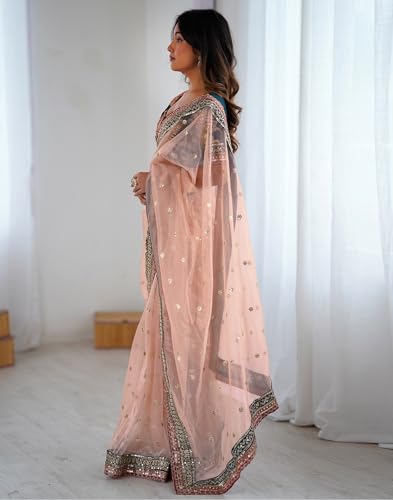 Image of SIRIL Women's Net Sequence Embroidered Saree With Unstitched Blouse