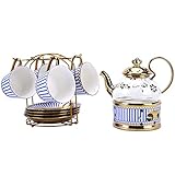 fanquare 11 Stück Blau Geometrisch Englische Porzellan Tee Sets, Keramik Teeservice Kaffee Set mit Stövchen Teebereiter und Metallhalter