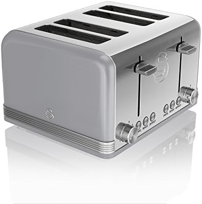 Swan ST19020GRN Retro 4-Slice Toaster with Defost/Reheat/Cancle Functions, Cord Storage, 1600W, Retro Grey
