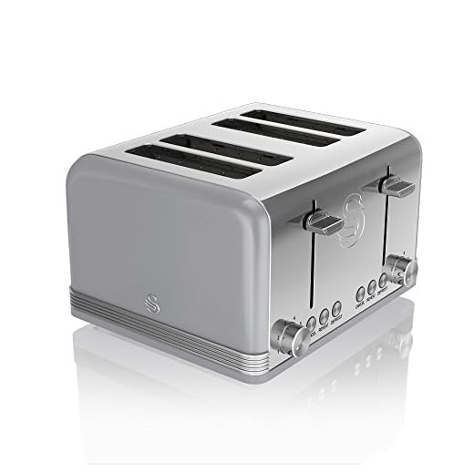Swan Retro ST19020GRN Tostadora Pan Ranura Ancha 4 Rebanadas, Diseño Vintage, 3 Funciones: Descongelación, Recalentamiento, Cancelación, Regulador 6 Niveles de Tostado, Acero Inoxidable, Gris, 1600W