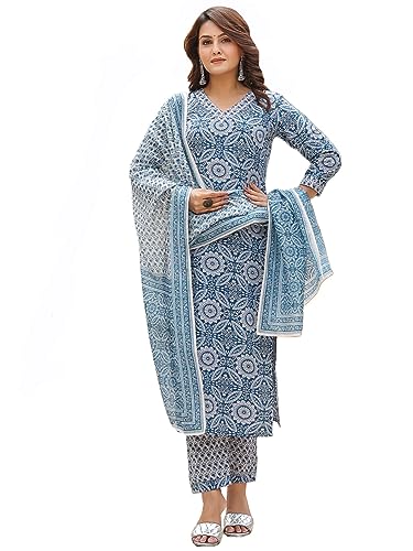 Image of GoSriKi Women's Cotton Blend Straight Printed Kurta with Pant & Dupatta