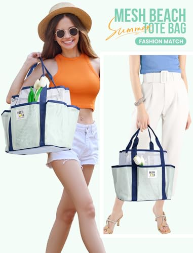 Mesh Beach Bag for Women, Lightweight Beach Tote Bag Sandproof Pool Bag with 8 Pockets for Travel Vacation Essentials3