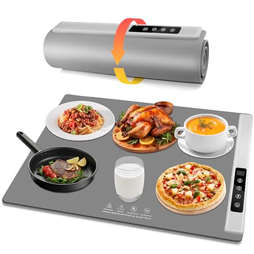 Warming Mat for Food, Graphene Rapid Heating Mat, Portable Electric Warming Tray for Buffets Party, 4 Temp Settings & 1-5 Hour Timer, Rollable Silicone Food Warmer Mat for Countertop, Gatherings
