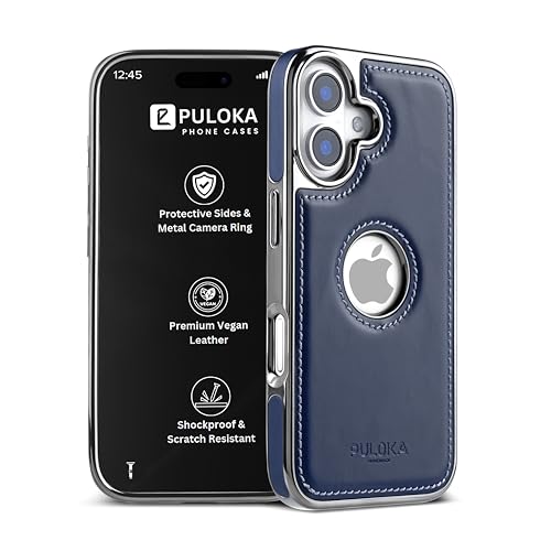 Image of PULOKA Chrome Leather Back Case - Compatible with iPhone 16 - Luxury Bumper Case - Flexible Vegan Leather - Electroplated Sides & Logocut - Full Camera Protetection & Raised Edges - Blue