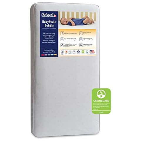 Kolcraft BabyPedic Bubbie Extra Firm Waterproof Baby Crib Mattress and Toddler Bed Mattress, 80 Steel Coils, Sustainable Comfort, GREENGUARD Air Quality Certified - Made in USA, 52"x28" Cover