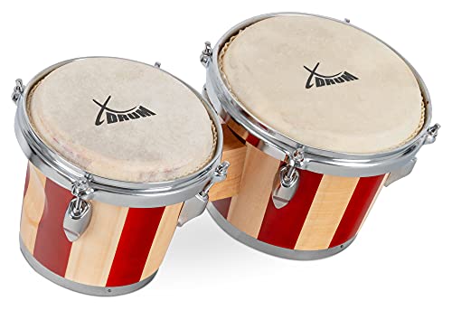 XDrum Bongos Retro - 2 Trommeln mit 16,5 cm (6,5') und 19 cm (7,5') Durchmesser - Bongotrommeln mit stimmbaren Naturfellen und Stimmschlüssel - Holztrommeln Naturfarben mit roten Streifen