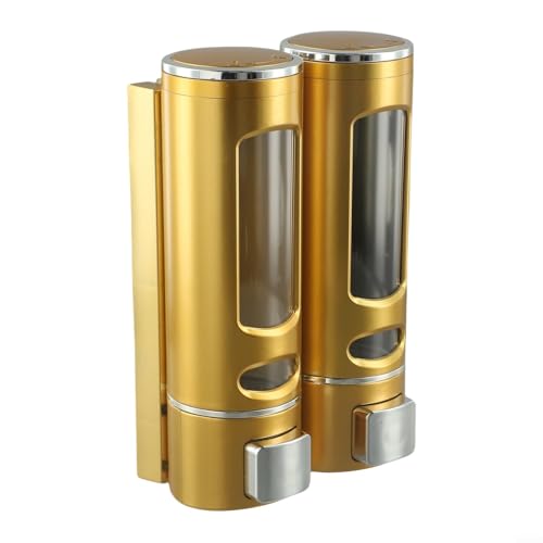 TDCuizent Dispensador de jabón montado en la pared de doble cabezal Dispensador de champú de gel de ducha para baño, cocina, hotel, uso comercial (dorado)