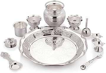 Silver Plated Vijaya Laxmi Pooja Set - 11 Piece Handcrafted Pooja Thali and Accessories