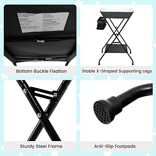 GYMAX Folding Baby Changing Table, Portable Infant Bath Massage Dresser Diaper Organizer with Storage Basket and Shelf, Newborn Care Station, 80 x 68 x 103cm (Black)