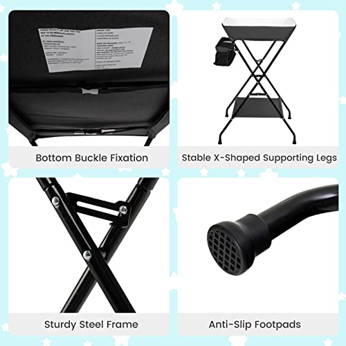 Image of HONEY JOY Changing Table, Folding Nursery Organizer with Open Shelf & Safety Belt, Portable Diaper Changing Station for Newborn (Black, Basic)