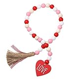 Valentine’s Day Wood Bead Garland with Tassels and Love Heart Shaped Wooden Embellishments Rustic Farmhouse Tiered Tray Wedding Decorations Home Decor (Red & White Love)