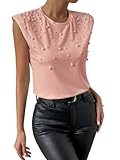 GORGLITTER Women's Pearl Beaded Top Blouses Casual Dressy Sleeveless Shoulder Pad Tee T-Shirt Going Out Outfits Pink X-Large