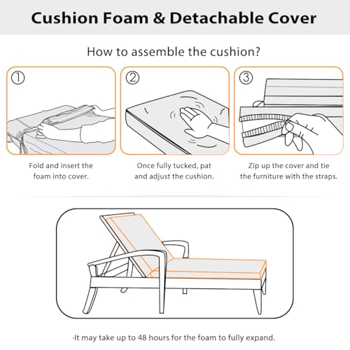 Sundale Outdoor Olefin Chaise Lounge Cushion, Water-Resistant Patio Lounge Chair Cushion, Thick Lounger Pad with 4 Straps Navy Blue, 72 x 21 x 6 Inches - Thumbnail 6