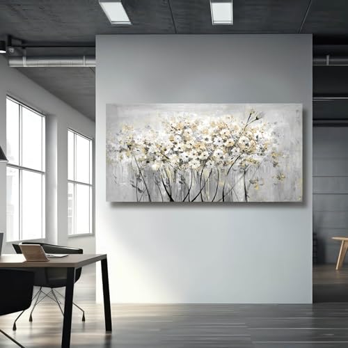 Image of VAYIMDH Gold Pictures Wall Decor Living Room Wall Hanging White and Grey Vintage Posters Floral Photo Prints for Bedroom Dining Room 24x48 Inch