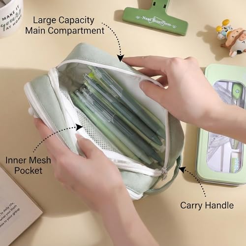 Image of FINEMOE Kawaii Pencil Pouch for Girls & Boys, Cute Green School Pencil Case, 10 Layer Large Capacity Stationery Organizer with Zipper, Aesthetic Storage Bag for Kids, Return Gifts (Green)