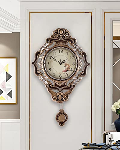 Poserion Antique Art Wall Clock Brown Silent Non Ticking Quartz Alloy Art Craftsmanship With Swing Pendulum #TOP8