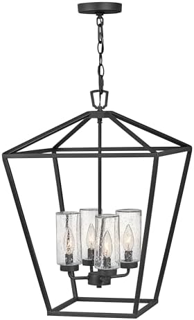 Hinkley Alford Place 2567MB-LV Large Outdoor Open Single Tier 12v Chandelier, Die Cast Aluminum Frame, Colonial-Style Candelabra, Clear Seedy Glass Shades, Museum Black
