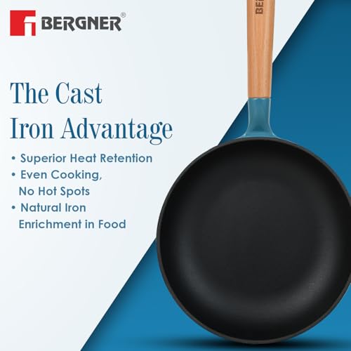 Image of BERGNER Excalibur Lightweight Cast Iron Frypan 24cm, Sturdy Wooden Handle, Non-Stick Coating, PFAS Free, Perfect Heat Distribution, Elegant Design - Induction and Gas Stove Ready (Blue)