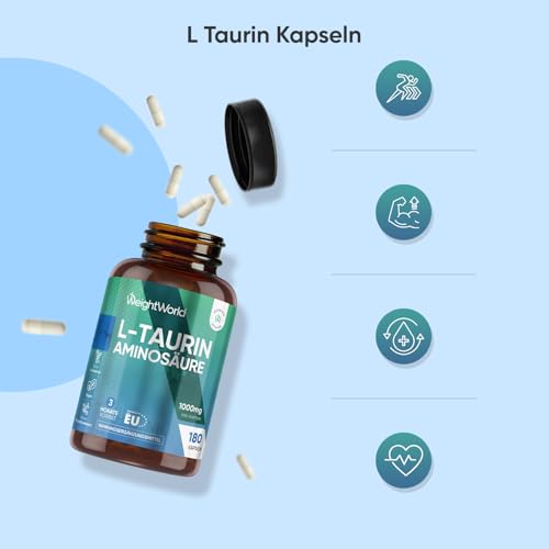 L Taurin Kapseln - 1000mg pro Portion - 180 vegane Aminosäure Kapseln - Taurine Amino Acid Capsules - 3 Monate Vorrat - 2 Kapseln Täglich - Frei von Magnesiumstearat & Gentechnik - WeightWorld