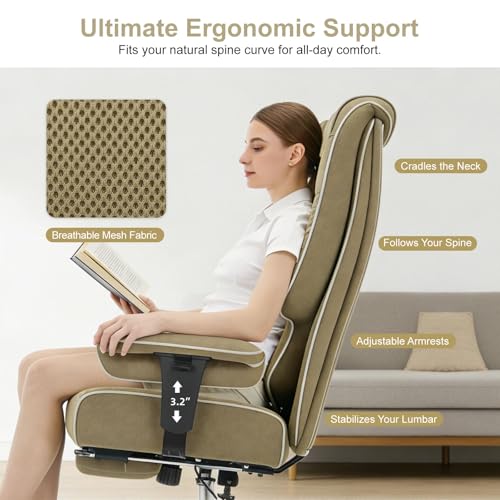Image of EXCEBET Big and Tall Office Chair 400lbs Wide Seat, Leather High Back Executive Office Chair with Lumbar Support, Ergonomic Chairs Padded Armrests & Thick Cushion (Mesh Green)