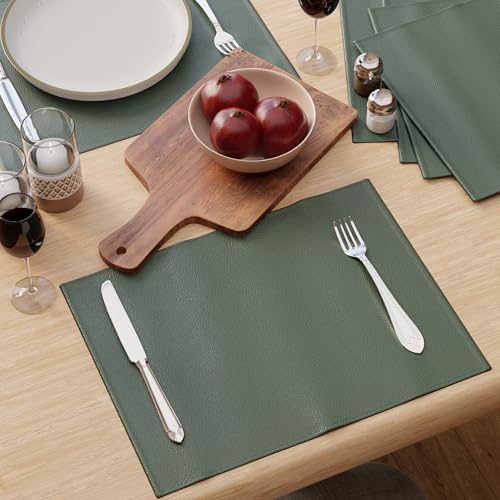 Image of Encasa XO Leather Dining Table Mats Set of 6 | Water Repellent & Heat Resistant Dining Table Mats | Washable & Easy to Clean Placemats for Kitchen Decor - 42x30 cm (Green)