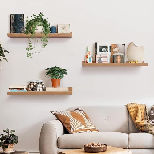 Image of Wooden Floating Wall Shelves Set of 3 for Living Room & Bedroom | Modern Wall Mounted Display Rack for Decor, Photo Frames, Plants & Storage (Natural, 23 Inch)