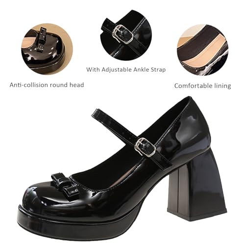 Women's Patent Leather Chunky High Heel Mary Janes with Adjustable Strap Cute Bow Round Toe Comfortable Platform Block Heel Non Slip Goth Dress Pumps for Work Party4