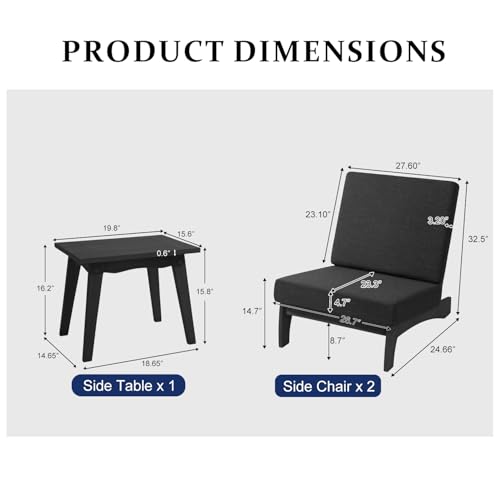 Image of Pia Ricoo 3 Piece Patio Bistro Set with Patio Chairs and Table, Heavy Duty Wood Patio Furniture Set, All-Weather Outdoor Chairs for Balcony, Deck, Poolside, Porch - Dark Gray /Dark