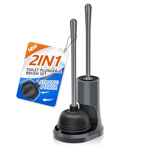 uptronic Toilet Plunger and Brush, Unique Toilet Plunger and Bowl Brush with Holder Combo, 2-in-1 Toilet Brush and Plunger Combo with Modern Caddy for Bathroom Cleaning (Grey)