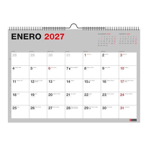 Miquelrius   Calendario 18 Meses 2026 2027 Basic, Calendario de Pared A3 (42 × 29,6 cm), Con Espacio para Anotar, Espiral Doble para Colgar, Español