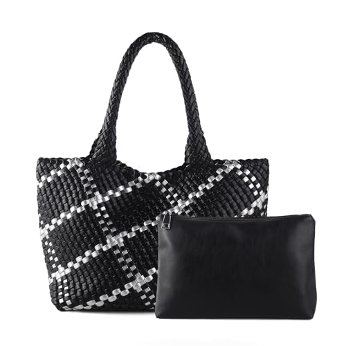 Image of Woven Tote Bag Womens Purse Vegan Leather Shoulder Handbags Fashion Summer Beach Tote Bags Large Travel Totes