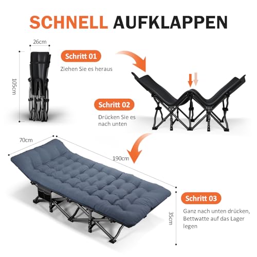 ATORPOK SHOP Campingbett feldbett klappbar, Faltbar Gästebett bis 200 kg für,mit Seitentasche, tragbares Campingliege,Outdoor, Garten, Reisen, Camping, Indoor (Blau)