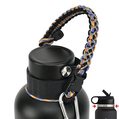 QeeCord Paracord Handle Compatible with Hydro Flask 2.0 Wide Mouth Water Bottle Carrier with New Ring and Carabiner, 12oz, 16oz,18oz, 32oz, 40oz, 64oz (64 oz Wide Mouth, Camo Without Compass)