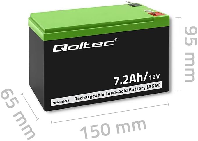 The Qoltec AGM battery with its dimensions (150mm length, 65mm width, 95mm height) clearly marked.
