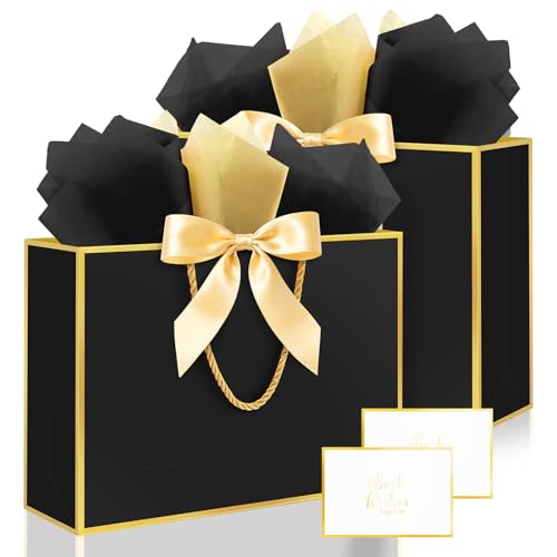 Ethhqu Fancy Large Gift Bags with Handles 2 Pack 12.6x10x4 Inches - Includes Tissue Paper & Cards for Birthday Baby Shower Wedding Anniversary Easter Mothers Day & Holiday Gifts (Black and Gold)