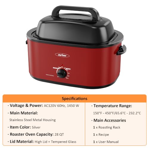 Image of Sunvivi Roaster Oven, Electric Roaster Pan with Lid 28QT for Large Turkey | Self-Basting & Glass Viewing Lid, Removable Pan, 150-450F Temp Control, for Baking Slow Cook Defrost Warm Turkey Up to 28lb