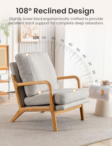 Mixcous Mid Century Modern Accent Chairs for Living Room, 23” Wide Comfy Chair for Bedroom, Small Cozy Sherpa Reading Chairs for Adults, 108° Lounge Arm Chair with Detachable Cover, 5.5" Foam Cushion - Image 5