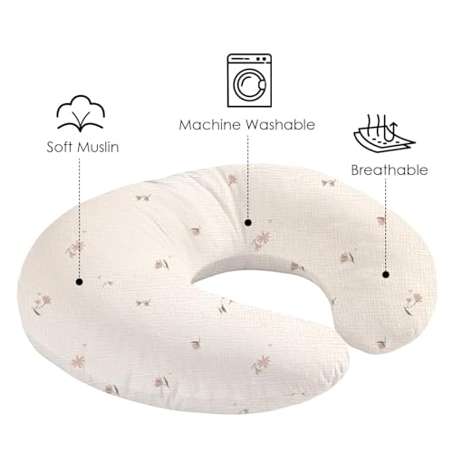 Image of Little Grape Land Muslin Nursing Pillow Covers 2 Pack, 100% Cotton Removable Breastfeeding Pillow Covers, Feeding Pillow Slipcovers for Baby Boys & Girls, (Fog Flower & Rosy)