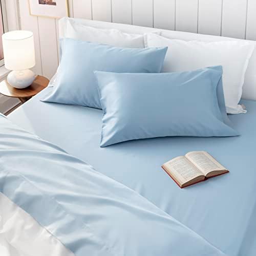 MARTHA STEWART Emerson Full Bed Sheets - 4 Piece Set | 100% Egyptian Cotton | 1 Flat Sheet - 1 Fitted Sheet - 2 Pillowcases | Durable & Breathable Bedsheets | Easy Care | Soft Blue