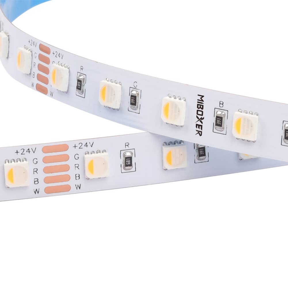 LGIDTECH LSL4N01N Miboxer 5050 4 en 1 SMD RGB+WW Luz de tira de LED blanca cálida DC 24V, 16 pies = 5 metros 300LED, tablero desnudo no impermeable IP20