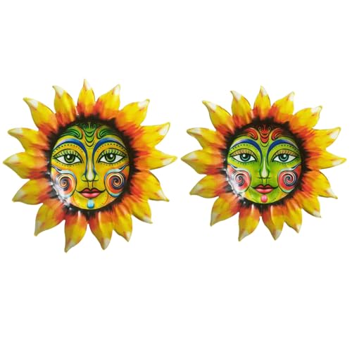 Artkingdome Metal Flower Sun Face, Wall Sculpture, Outdoor Hanging Wall Art, Flower Hanging Decorations for wall, Garden Fence, Backyard, Patio, Bedroom, Living Room 2Pack Yellow Green