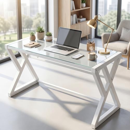MANBUR Computer Desk, Tempered Glass Computer Table Desk with Metal Frame, Modern Simple Style Desk 55 in Study Writing Desk Workstation for Home Office (White)