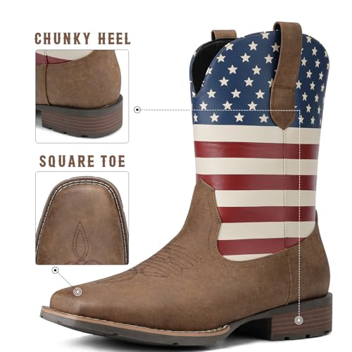 Image of Suokdil Cowboy Boots for Men - Men's Western Boots with Embroidery, Slip Resistant Square Toe Chunky Heel, Durable and Fashionable Retro Classic Footwear for Spring and Fall