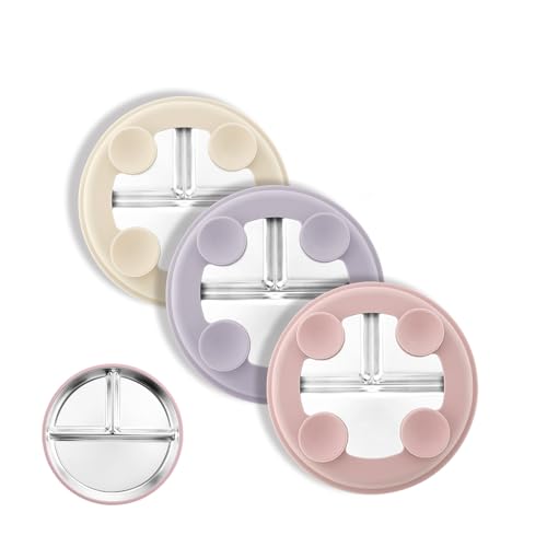 Bakpoco Stainless Steel Suction Plates for Toddlers 8 Divided Kids Baby Plates with Removable Silicone Suction Non Toxic Non Slip Portion Control Snack Dishes 3 Packs Pink Beige Lilac
