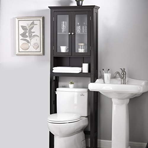 glitzhome Free Standing Wooden Bathroom Storage Cabinet Multifunctional Cabinet with Glass Double Doors and Adjustable Shelf,Espresso