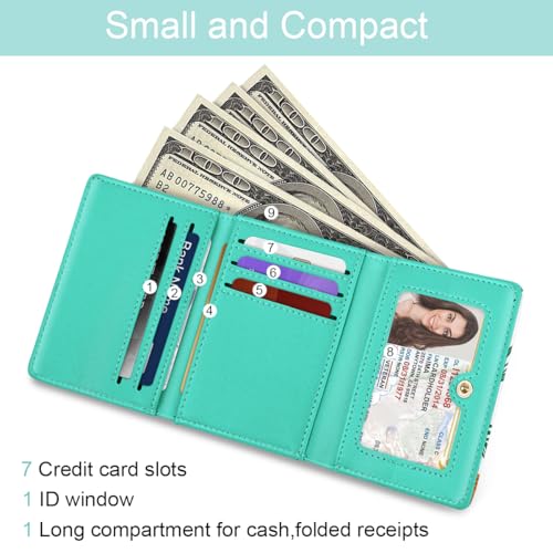 Image of Trifold Womens Wallet Small Slim RFID Blocking Card Wallet Cute Credit Card Holder Leather Mini Purse with Cash Pocket 7 Card Slots ID Window, Green Flowers