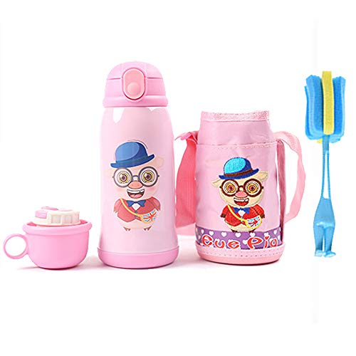 Vakuum Thermosflasche,Doppelwandig Edelstahl Wasserflasche,Isolierflasche für Kinder,Familie 480ml(16.89 oz)Nettes Tiermuster - Bottle Brush - Schutzhülle (Schwein) Cover